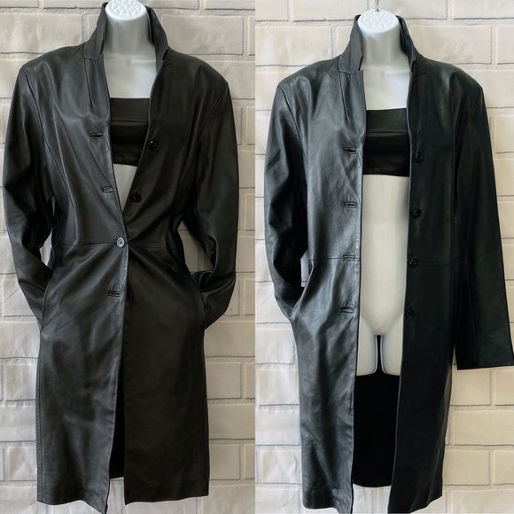 VINTAGE Black Genuine Leather Coat By Alfani Size Large - Picture 3 of 9